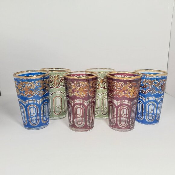 Set of 6 Vintage Moroccan Tea Glasses – Red, Green & Blue with Gold Gilding - Picture 4 of 11